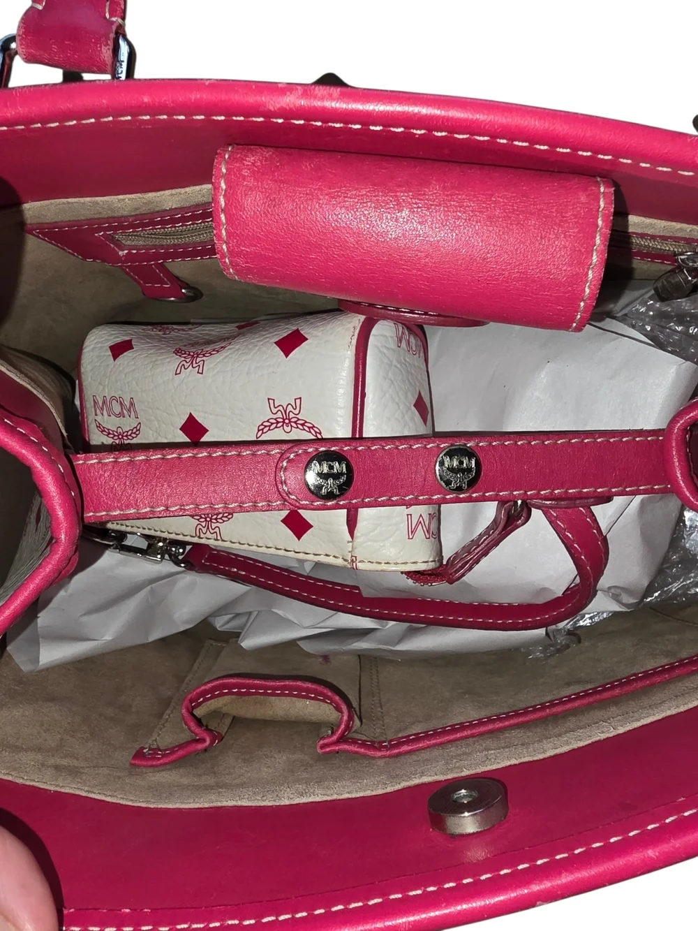 MCM Beige & Pink Visetos Tote w/ Matching Wristlet & MCM Charm & silver Hardware - Picture 13 of 16